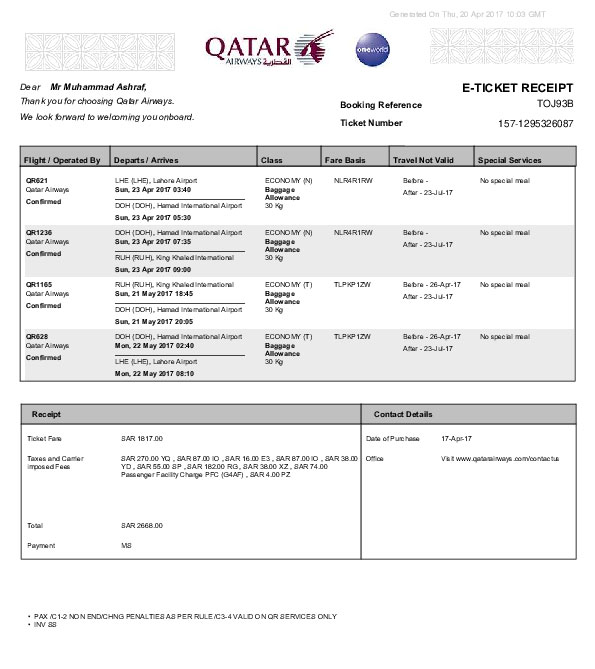Sample dummy flight ticket showing passenger details, flight information, and booking reference